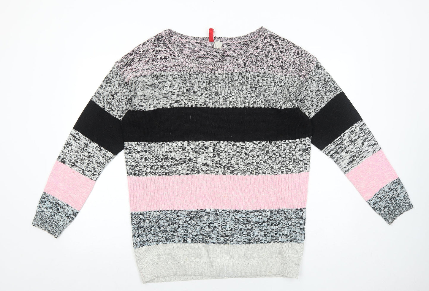 H&M Womens Grey Round Neck Striped Acrylic Pullover Jumper Size M