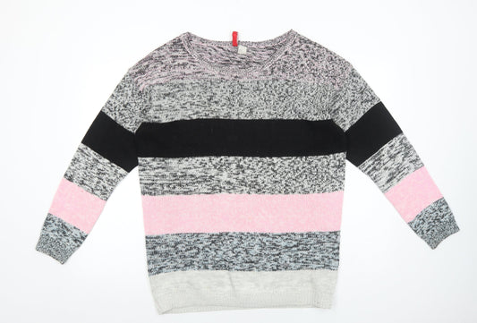 H&M Womens Grey Round Neck Striped Acrylic Pullover Jumper Size M