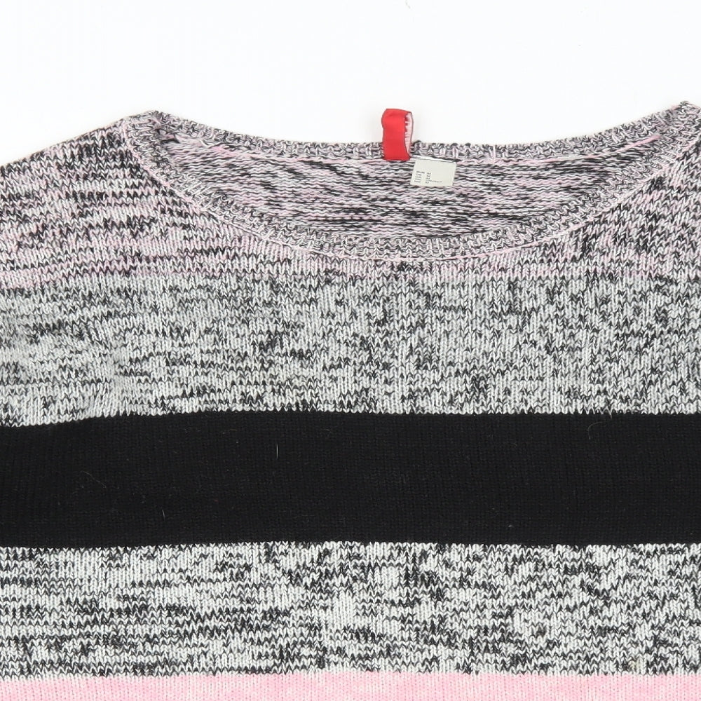 H&M Womens Grey Round Neck Striped Acrylic Pullover Jumper Size M