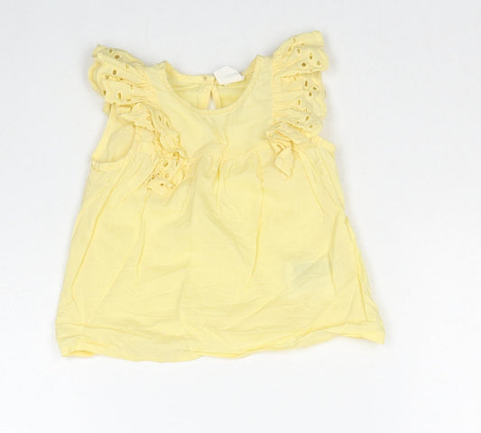 H&M Girls Yellow Cotton Basic Tank Size 6-9 Months Round Neck Button - Broderie Anglaise