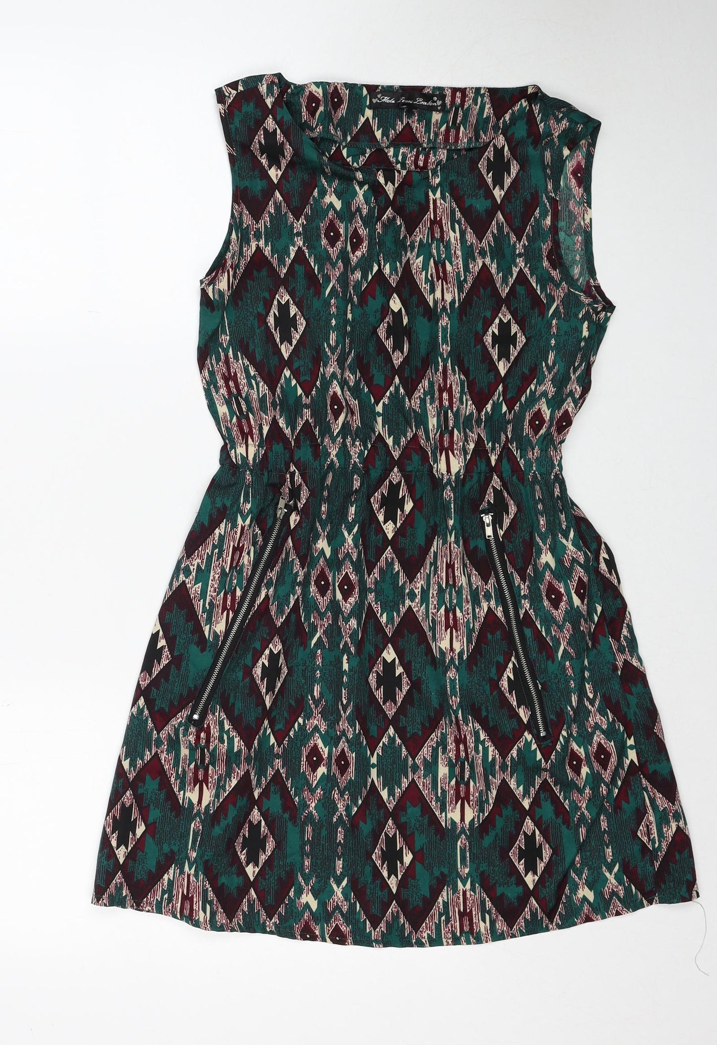 Mela London Womens Green Geometric Polyester A-Line Size 8 Round Neck Zip