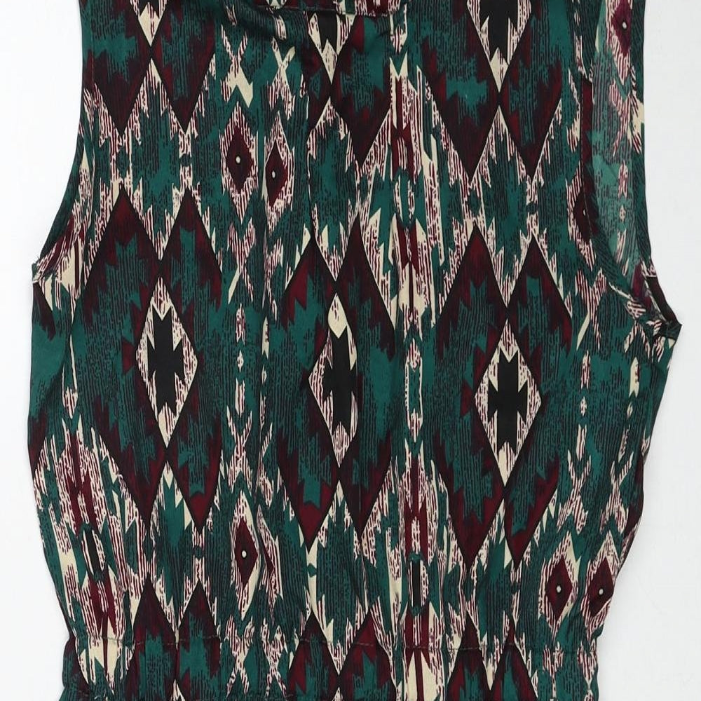 Mela London Womens Green Geometric Polyester A-Line Size 8 Round Neck Zip