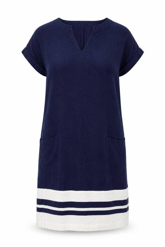 F&F Womens Blue Striped Linen A-Line Size 8 V-Neck Pullover