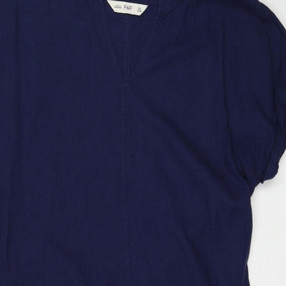F&F Womens Blue Striped Linen A-Line Size 8 V-Neck Pullover