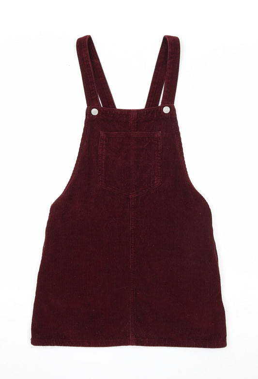Topshop Womens Red Cotton Pinafore/Dungaree Dress Size 4 Square Neck Button