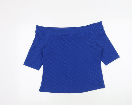 South Womens Blue Geometric Polyester Basic Blouse Size 14 Off the Shoulder
