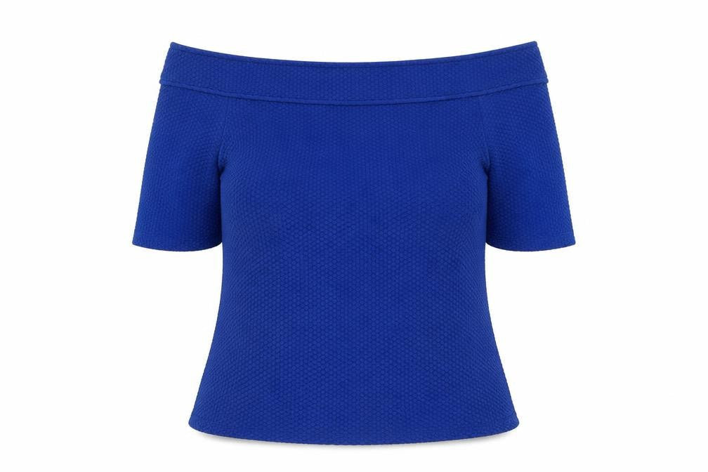 South Womens Blue Geometric Polyester Basic Blouse Size 14 Off the Shoulder