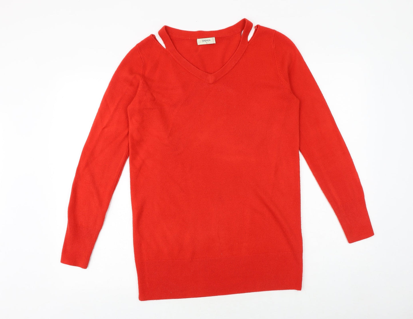 Papaya Womens Red V-Neck Acrylic Pullover Jumper Size S - Cut Out