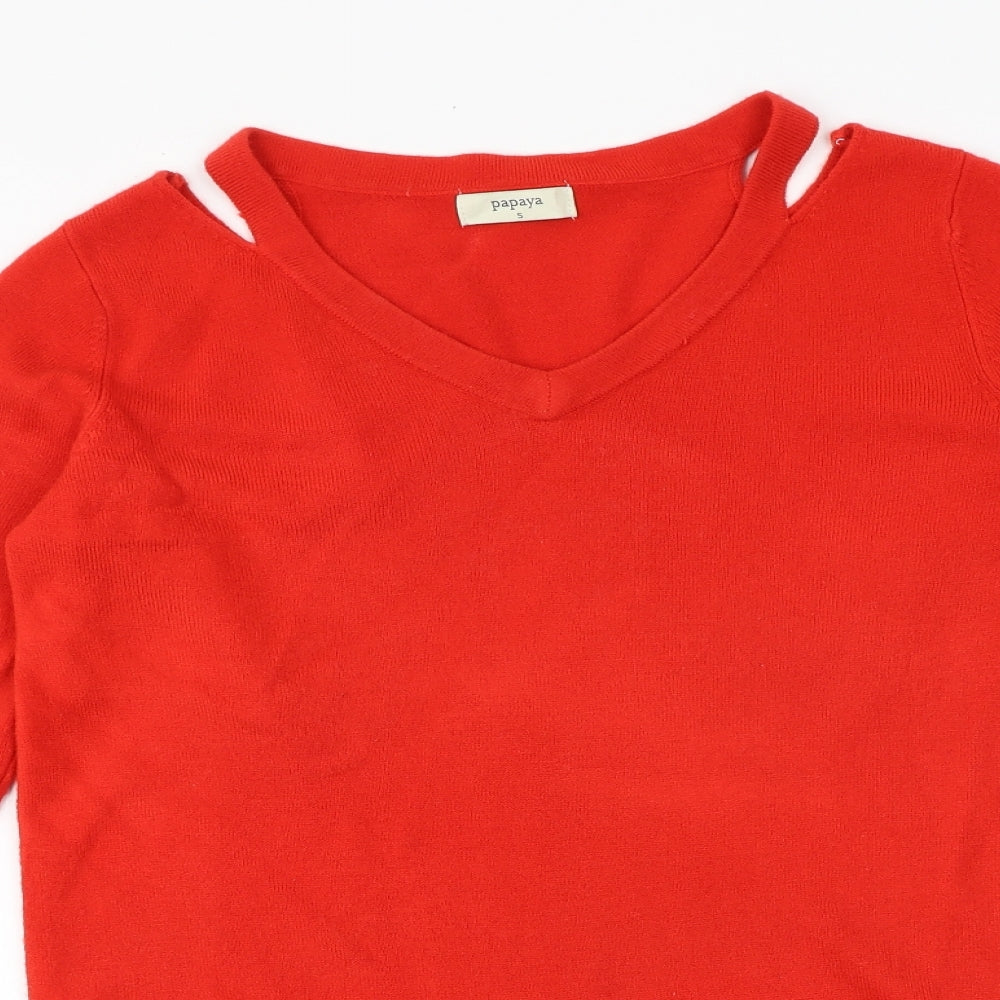 Papaya Womens Red V-Neck Acrylic Pullover Jumper Size S - Cut Out