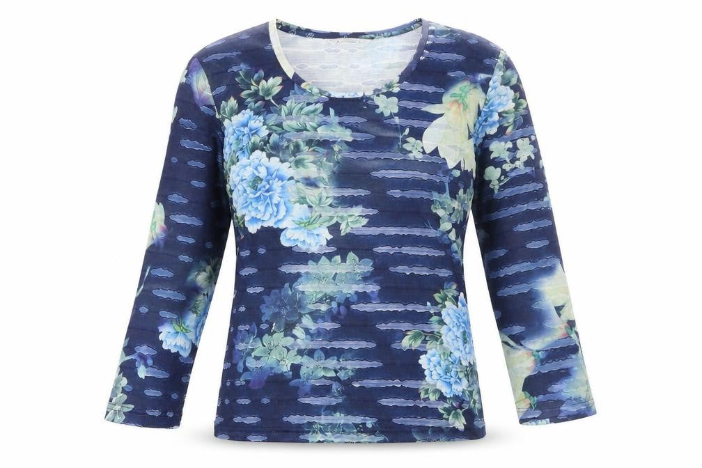 Alexara Womens Blue Geometric Polyester Basic T-Shirt Size 10 Round Neck