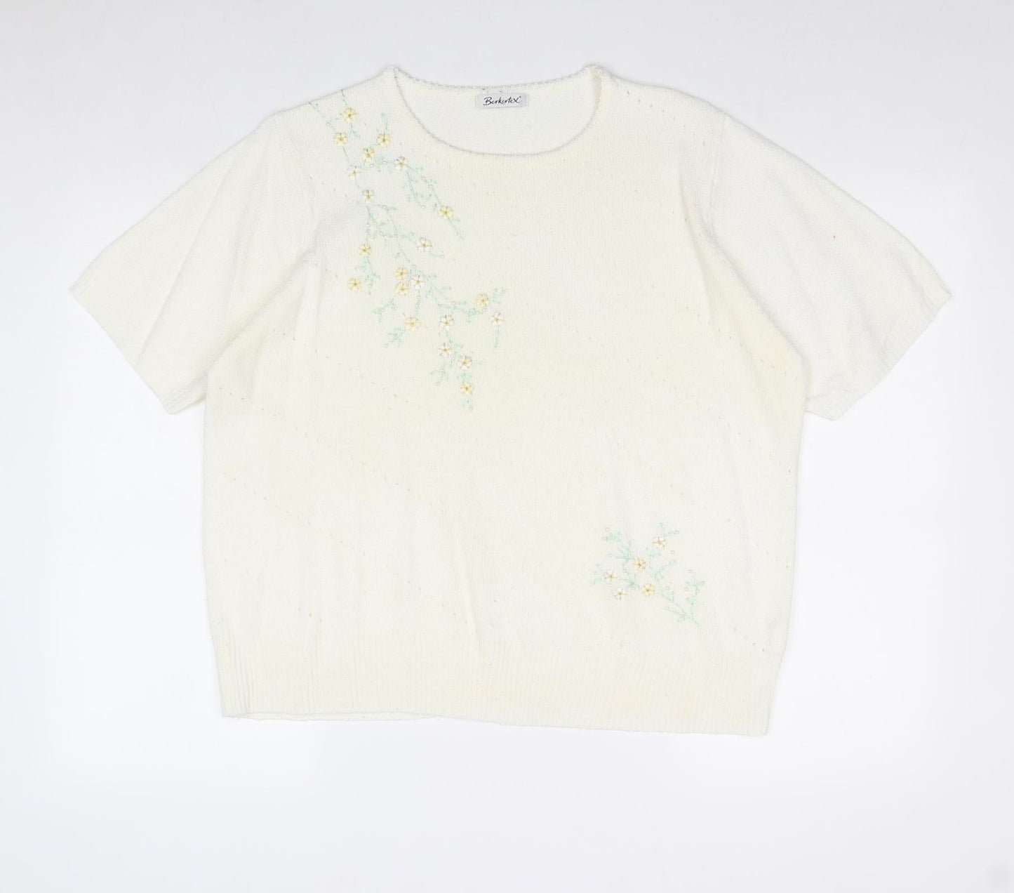 Berkertex Womens Ivory Round Neck Acrylic Pullover Jumper Size 18 - Floral Detail