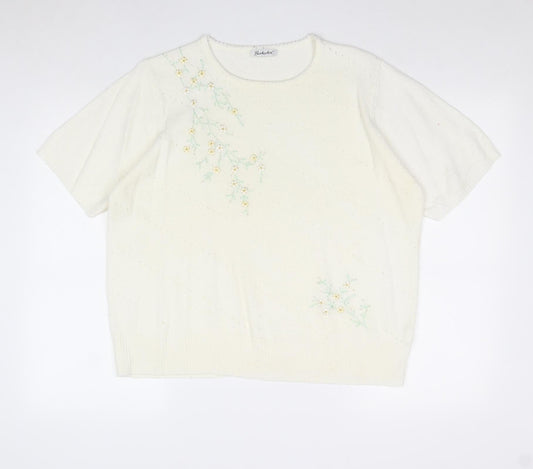 Berkertex Womens Ivory Round Neck Acrylic Pullover Jumper Size 18 - Floral Detail