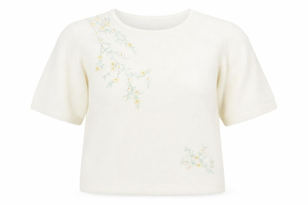 Berkertex Womens Ivory Round Neck Acrylic Pullover Jumper Size 18 - Floral Detail