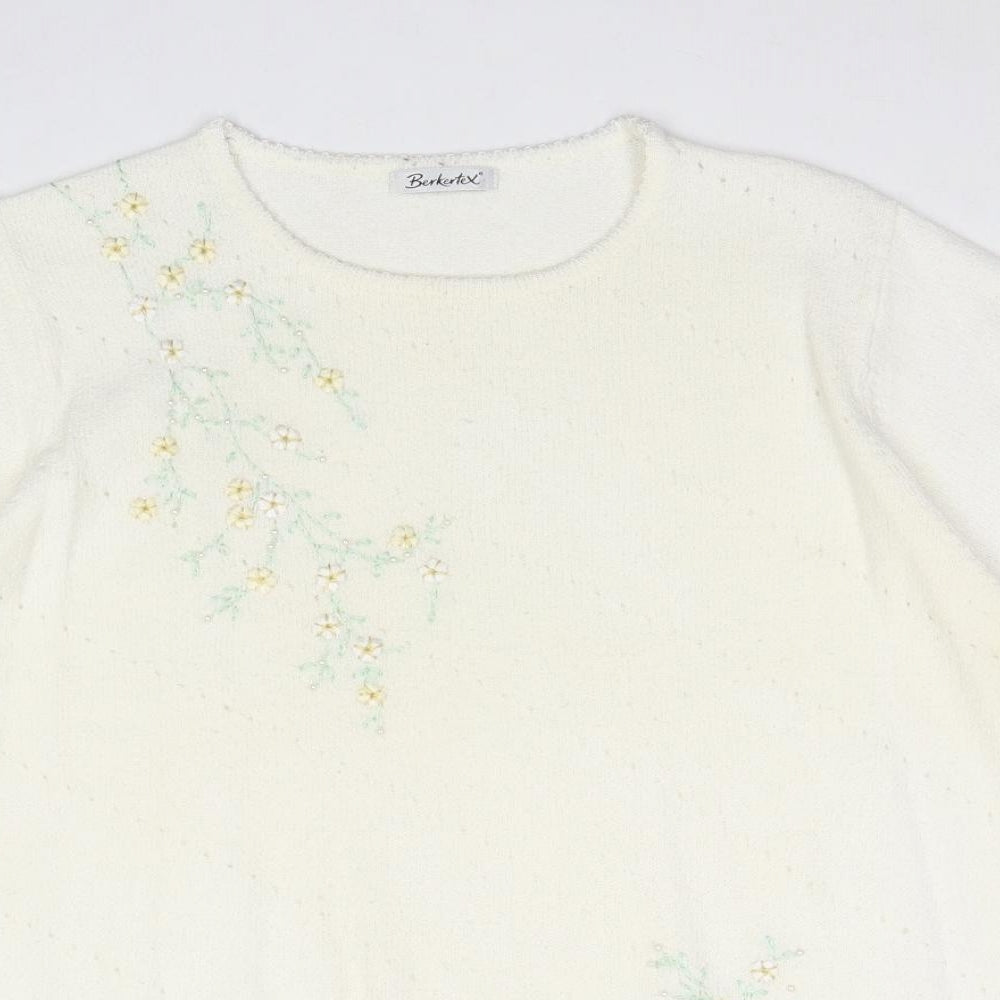 Berkertex Womens Ivory Round Neck Acrylic Pullover Jumper Size 18 - Floral Detail
