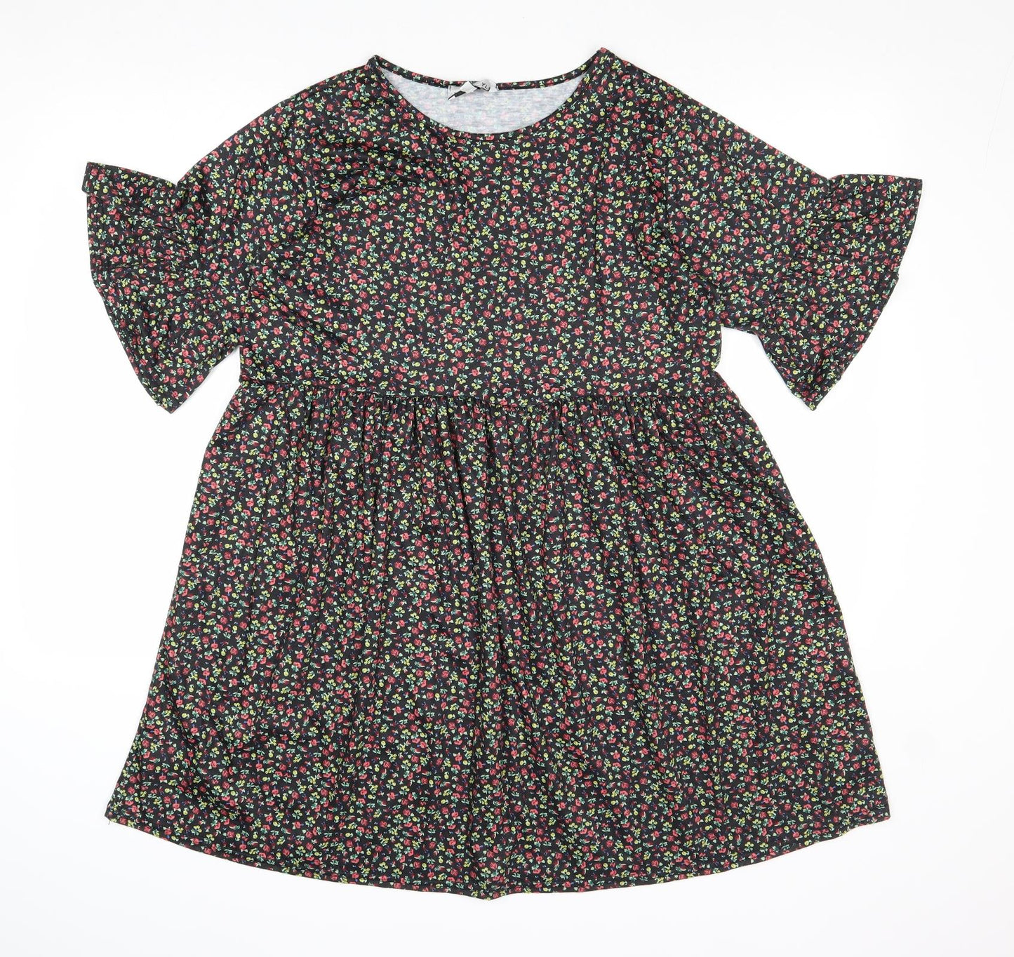 In the Style Womens Black Floral Polyester A-Line Size 8 Round Neck Pullover