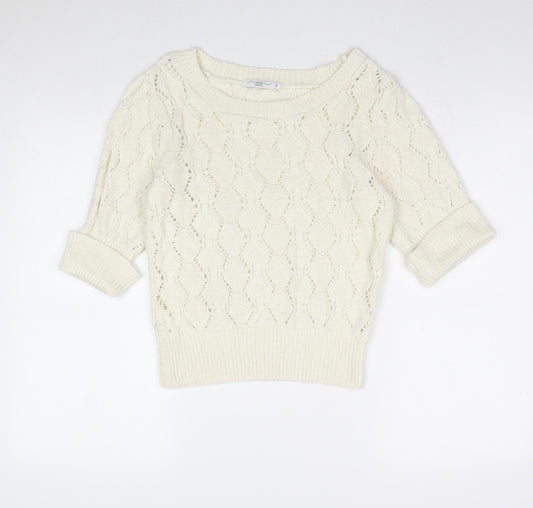 New Look Womens Ivory Round Neck Geometric Acrylic Pullover Jumper Size 10