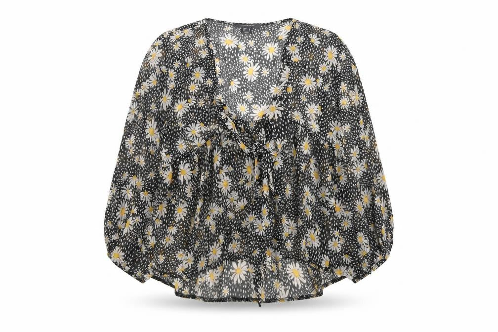 Primark Womens Black Geometric Polyester Basic Blouse Size 6 Square Neck - Daisy Print