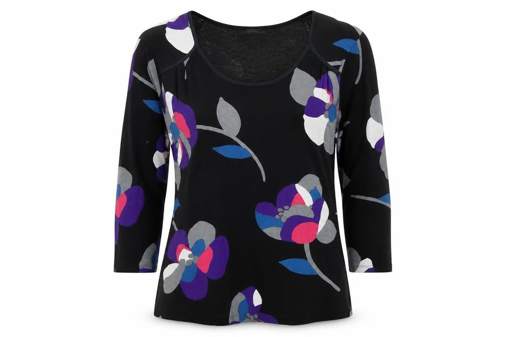 Marks & Spencer Womens Black Floral Viscose Basic Blouse Size 8 Scoop Neck
