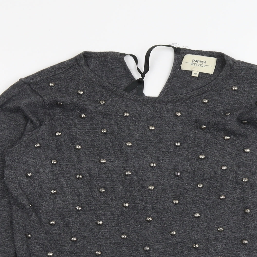 Papaya Womens Grey Round Neck Polyester Pullover Jumper Size 12