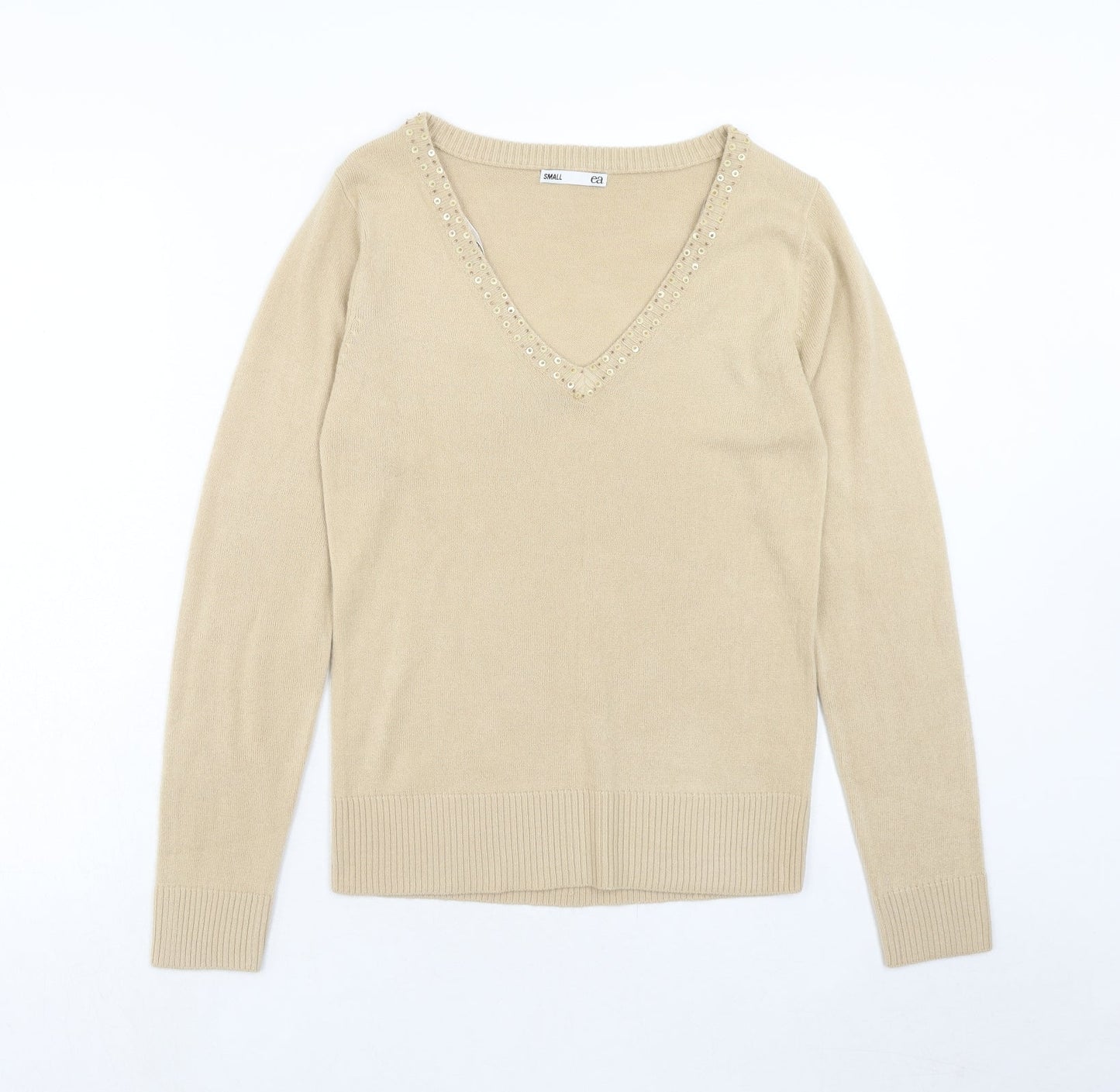 EA Womens Beige V-Neck Acrylic Pullover Jumper Size S