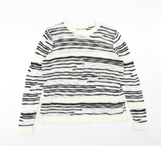 PAPAYA Womens White Round Neck Striped Acrylic Pullover Jumper Size L