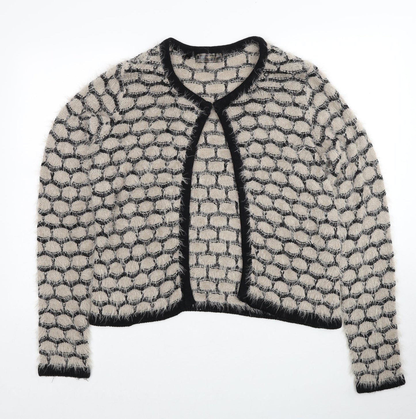 bonprix Womens Beige Round Neck Geometric Acrylic Cardigan Jumper Size M