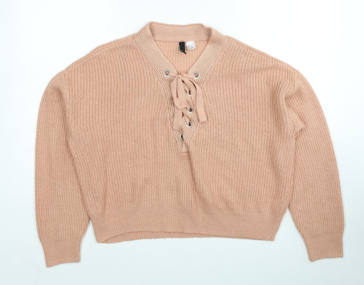 H&M Womens Orange V-Neck Acrylic Pullover Jumper Size S