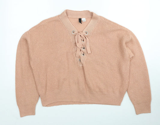 H&M Womens Orange V-Neck Acrylic Pullover Jumper Size S