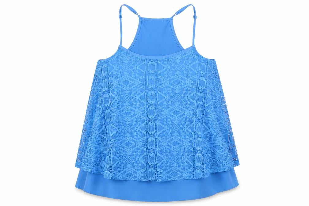 Candy Couture Girls Blue Geometric Polyester Basic Tank Size 15 Years Round Neck Pullover