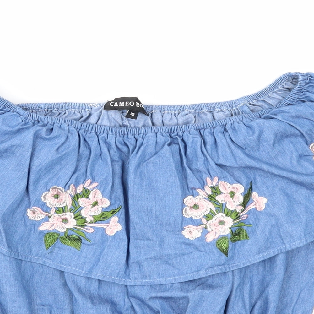 Cameo Rose Womens Blue Cotton Cropped Blouse Size 10 Off the Shoulder - Flower Detail