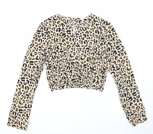 Divided Womens Brown Animal Print Polyester Cropped Blouse Size 6 Round Neck - Leopard Print