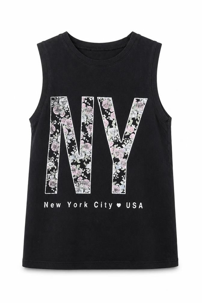 Candy Couture Girls Black Cotton Basic Tank Size 9 Years Round Neck Pullover - New York City