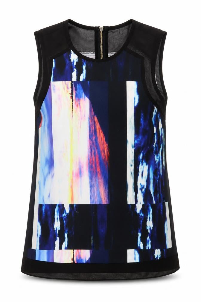 Warehouse Womens Black Geometric Polyester Basic Tank Size S Round Neck