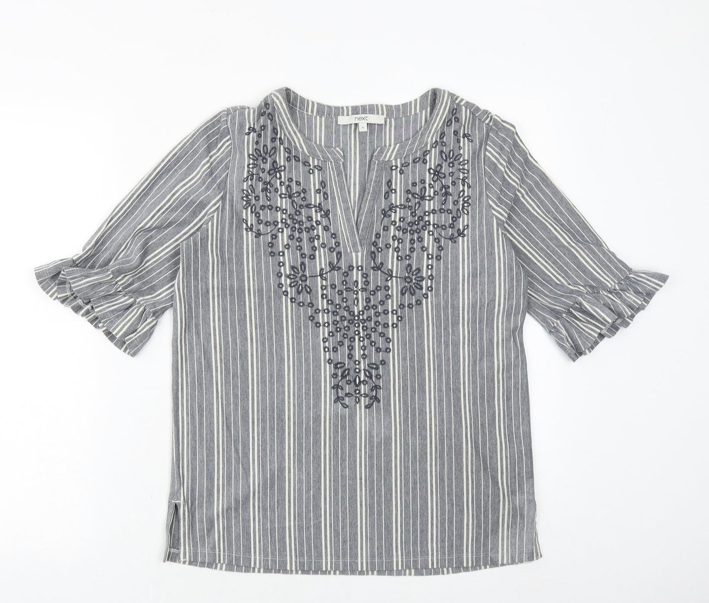 NEXT Womens Blue Striped Cotton Basic Blouse Size 8 V-Neck - Broderie Anglaise