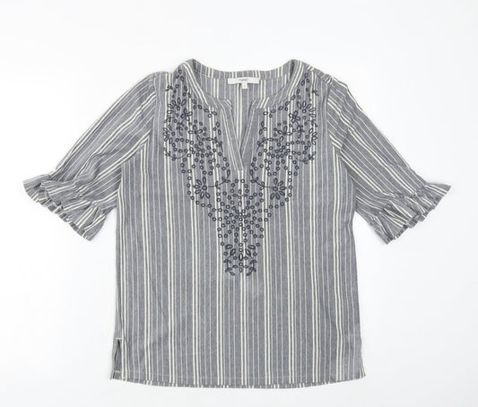 NEXT Womens Blue Striped Cotton Basic Blouse Size 8 V-Neck - Broderie Anglaise