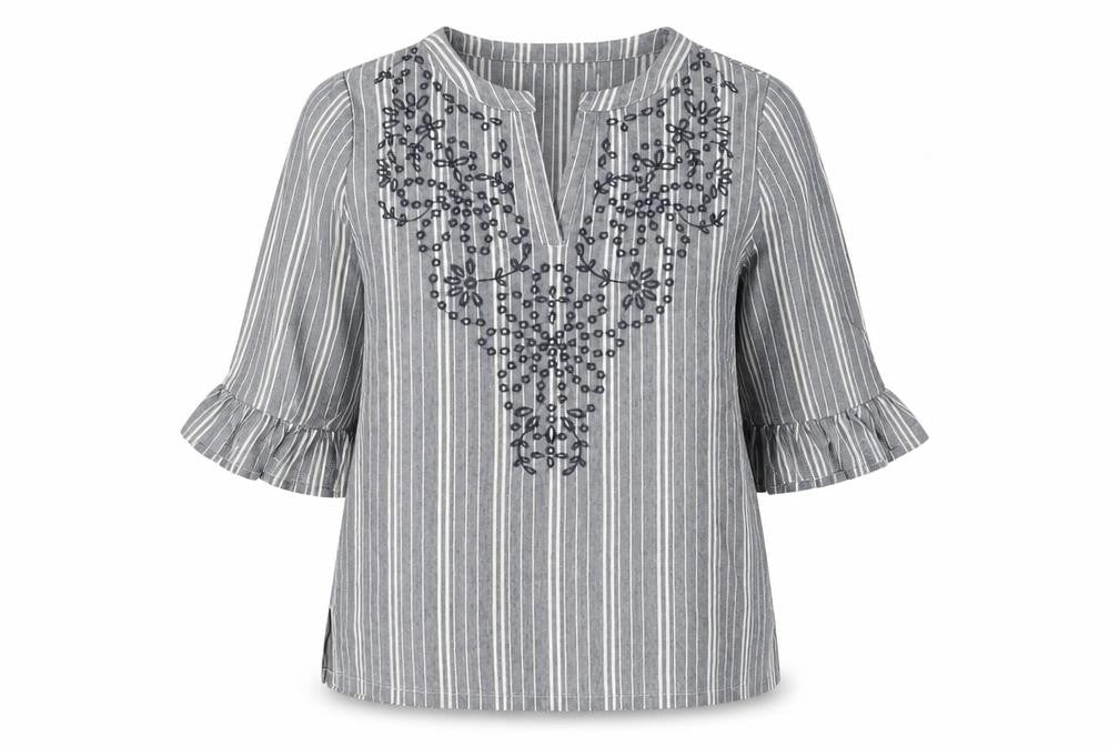 NEXT Womens Blue Striped Cotton Basic Blouse Size 8 V-Neck - Broderie Anglaise