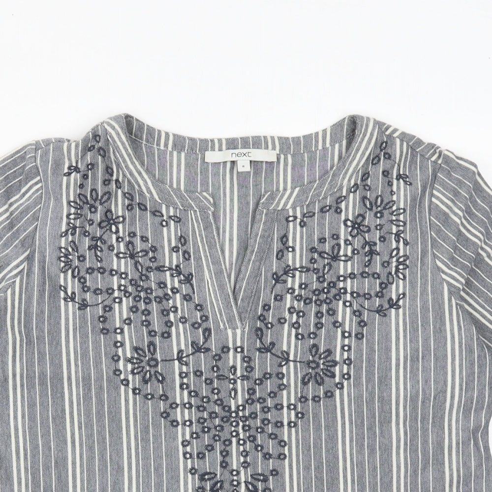 NEXT Womens Blue Striped Cotton Basic Blouse Size 8 V-Neck - Broderie Anglaise