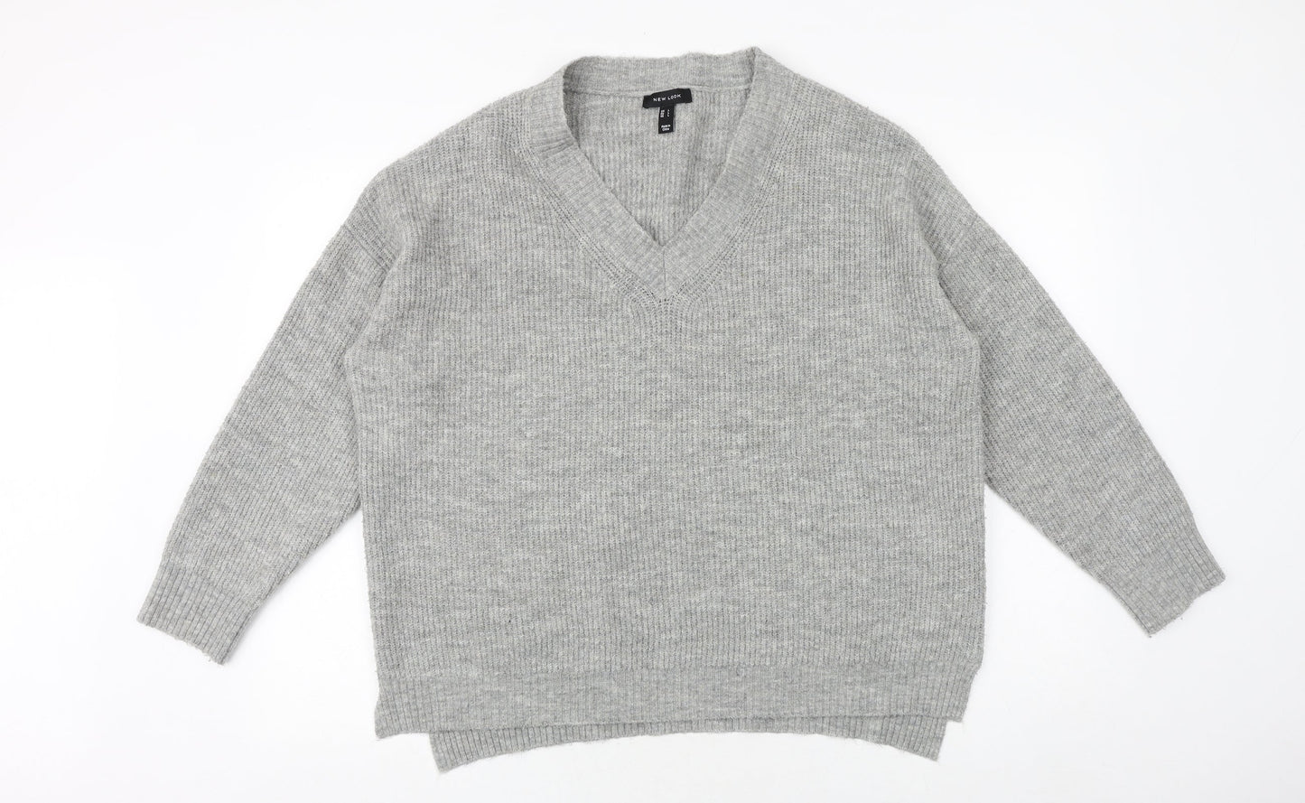 New Look Womens Grey V-Neck Acrylic Pullover Jumper Size L