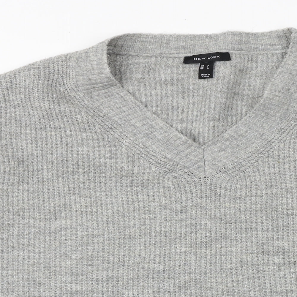 New Look Womens Grey V-Neck Acrylic Pullover Jumper Size L