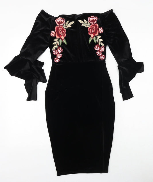 Missguided Womens Black Floral Polyester Bodycon Size 4 Off the Shoulder Pullover