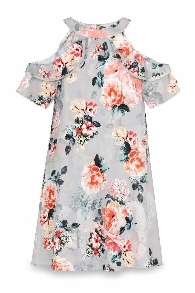 Select Womens Grey Floral Polyester A-Line Size 6 Round Neck Button - Cold Shoulder