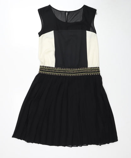 Next Womens Black Colourblock Polyester Fit & Flare Size 10 Round Neck Zip