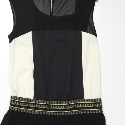 Next Womens Black Colourblock Polyester Fit & Flare Size 10 Round Neck Zip