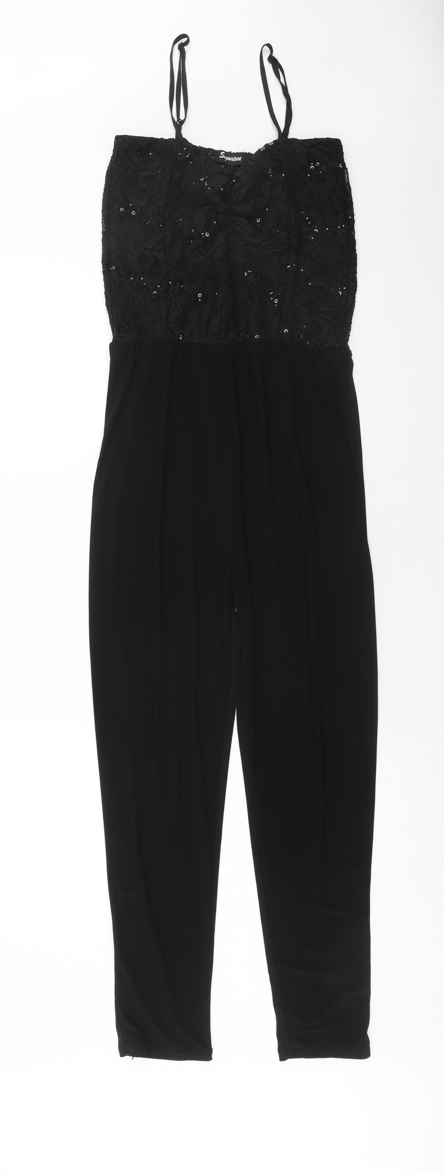 Signature Womens Black Polyester Jumpsuit One-Piece Size S Pullover - Lace Top