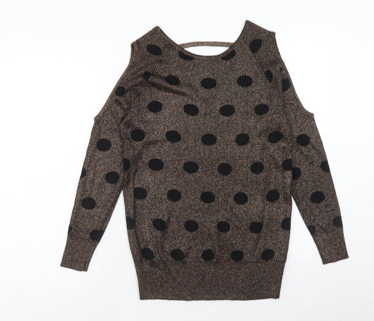 Papaya Womens Brown Round Neck Polka Dot Viscose Pullover Jumper Size 10 - Cold Shoulder