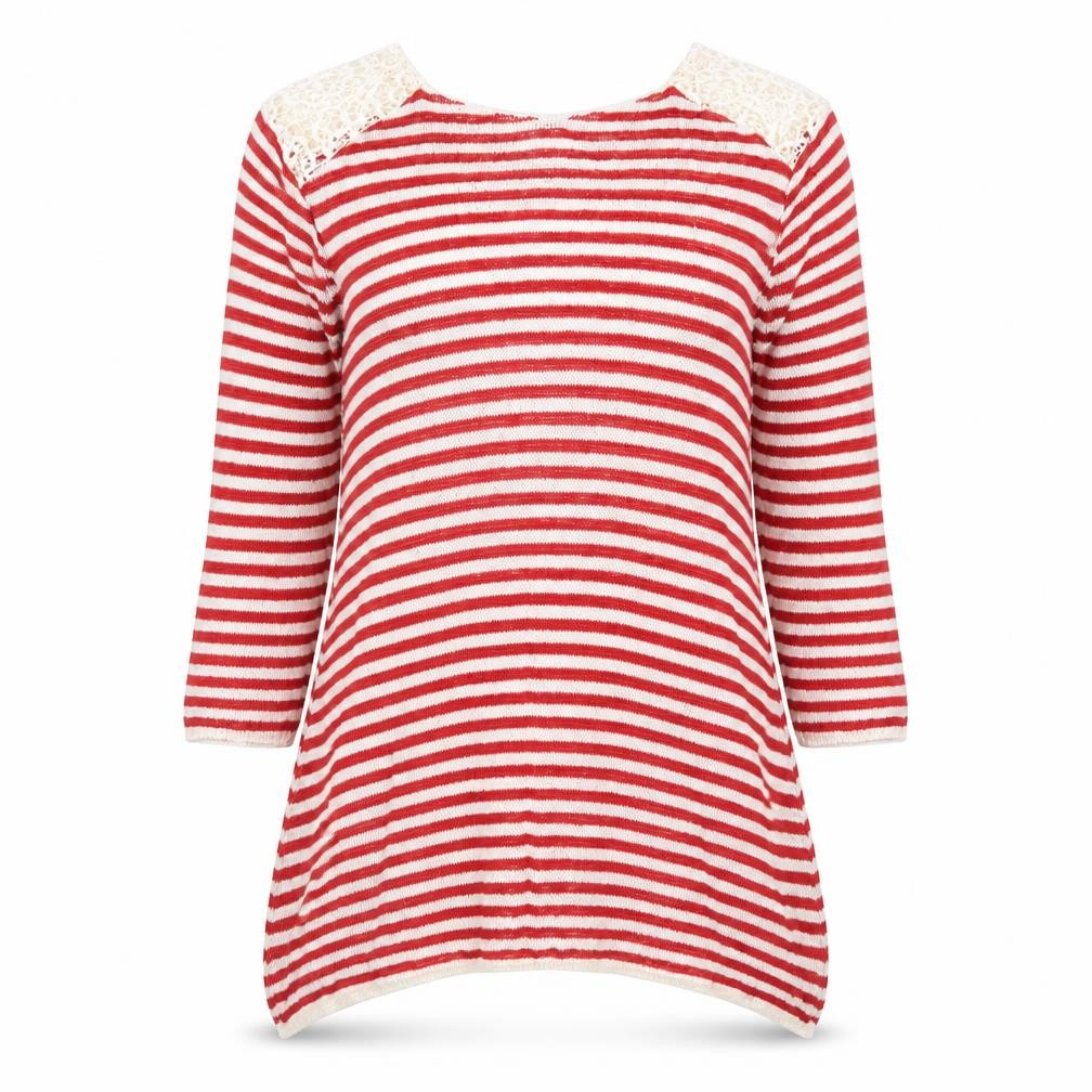 Zara Womens Red Round Neck Striped Linen Pullover Jumper Size S