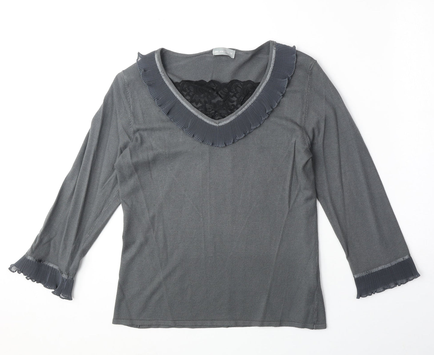 Marks and Spencer Womens Grey V-Neck Viscose Pullover Jumper Size 14 - Lace Detail
