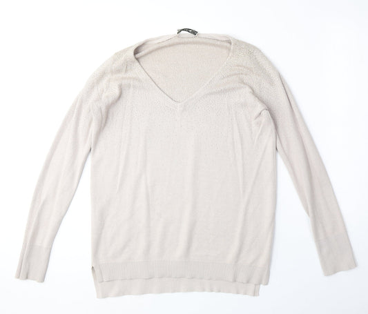 Oasis Womens Beige V-Neck Acrylic Pullover Jumper Size S