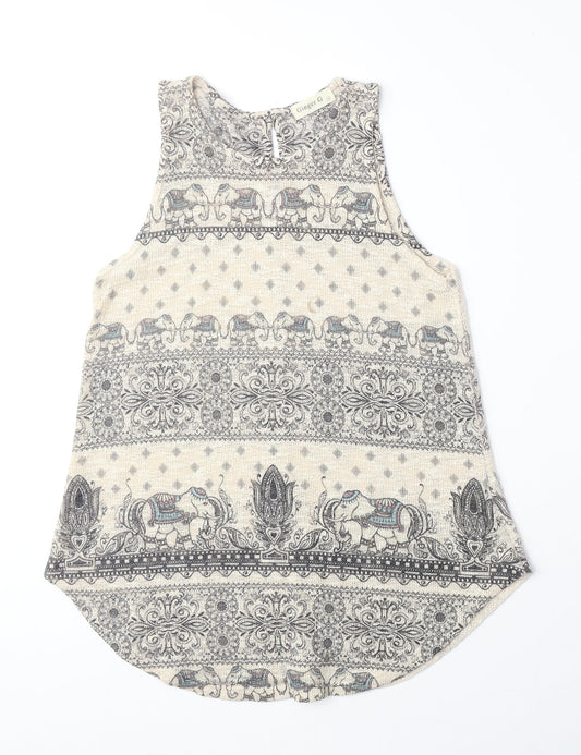 Ginger G Womens Beige Geometric Acrylic Basic Tank Size S Boat Neck - Elephant Print