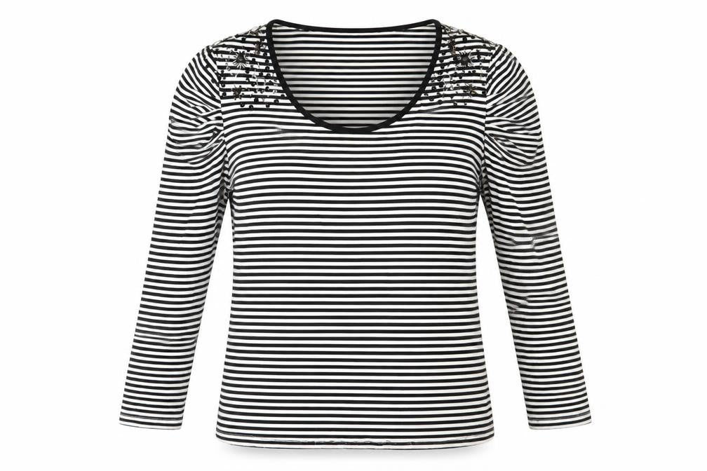 Country Casuals Womens Black Striped Viscose Basic T-Shirt Size L Round Neck